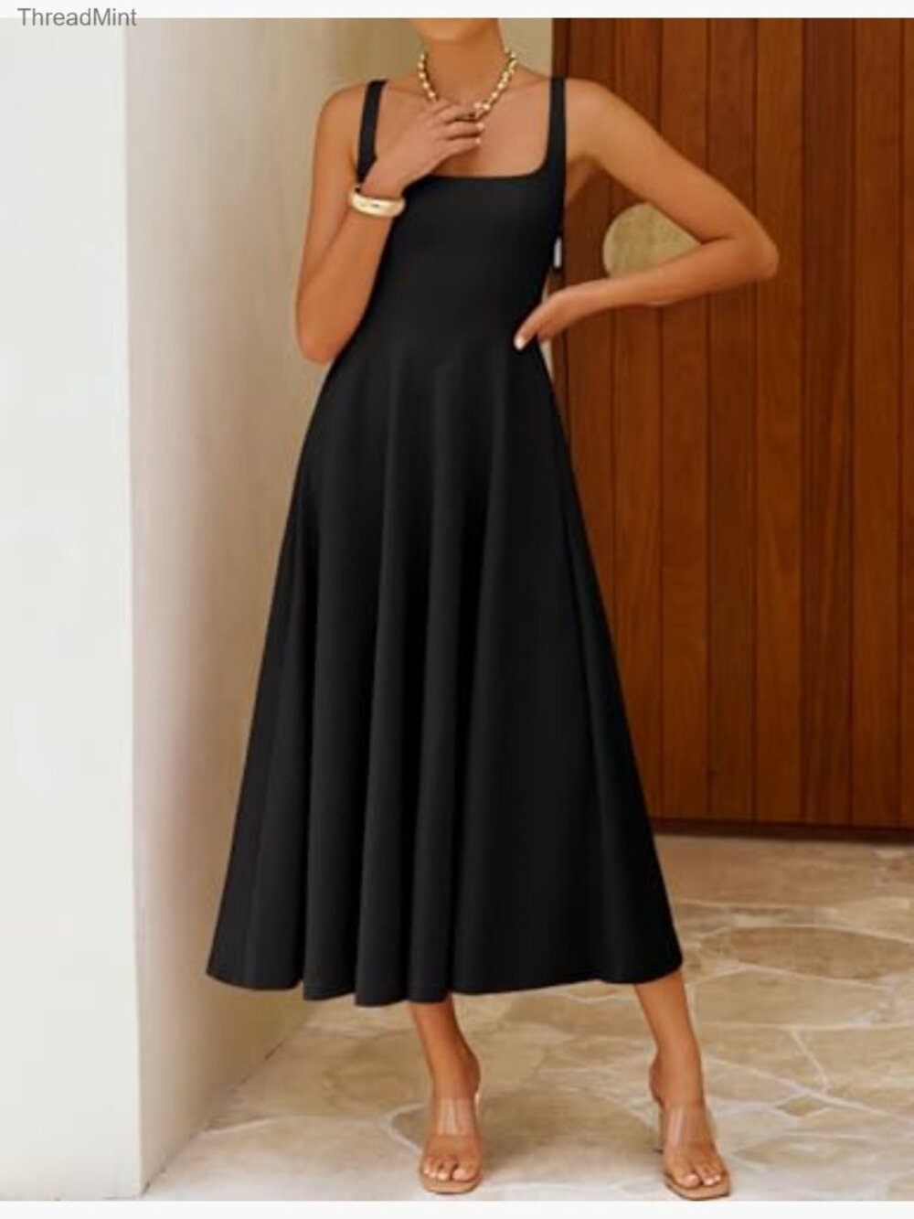 Sleeveless Midi Dress with Pockets, Square Neck, A-Line, Summer Casual - Picture 4 of 7